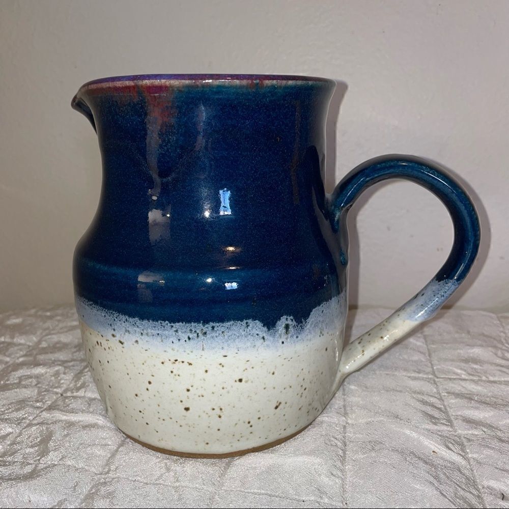 HANDMADE RUSTIC POTTERY pitcher in violets-off white - Picture 4 of 9
